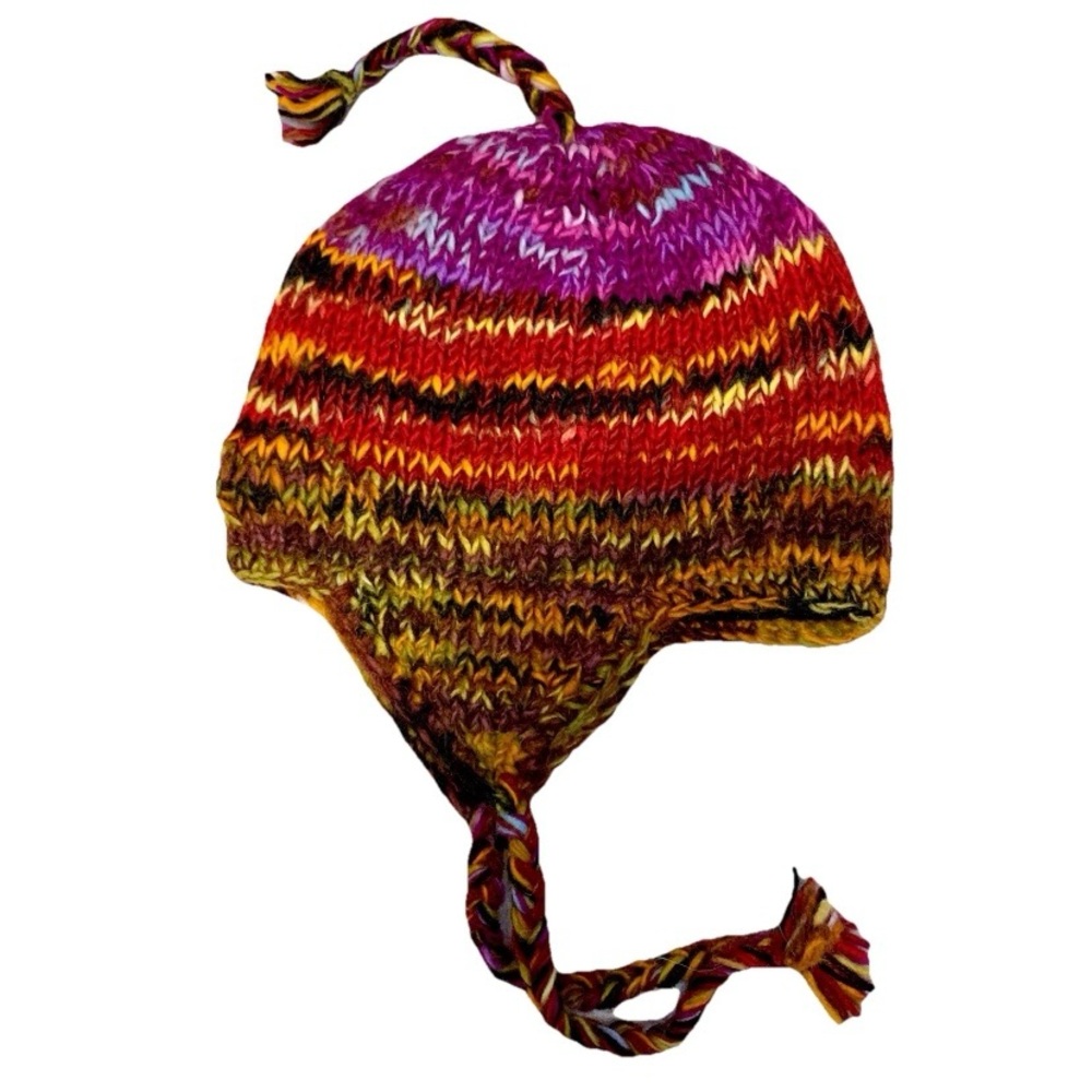 100% Wool Colorful Fully Fleece Lined Hat Ear Flaps Made In Nepal Boho Skiing